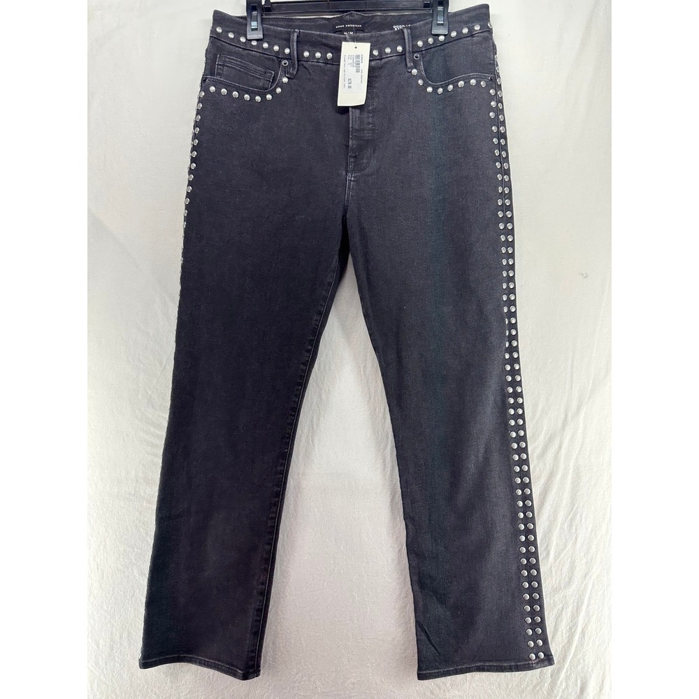 NEW Good American Studded Good Legs Straight Jean Black Denim Womens Size 14/32